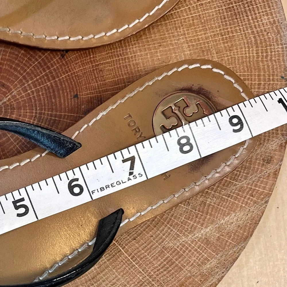 Tory Burch Black Patent Leather Flip Sandals with Tan Footbed